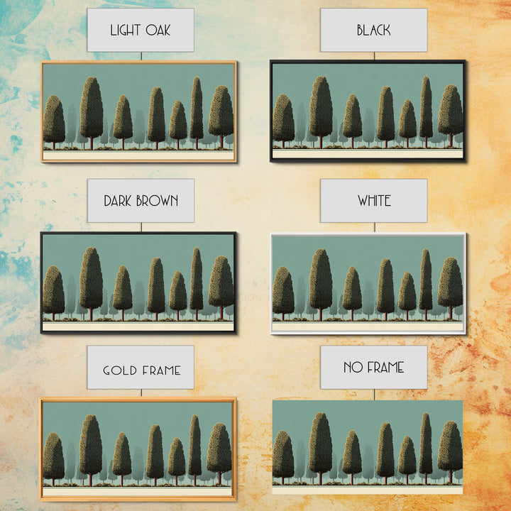 Stylized Cypress Tree Grove Wall Art, Midcentury Modern Landscape Print, Sage Green Retro Decor, Nature Living Room Art Print
