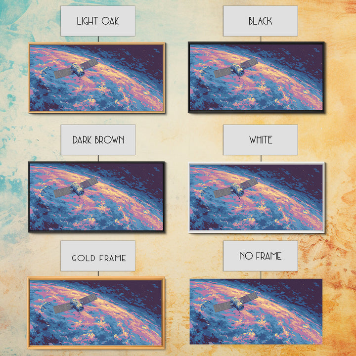 Pixel Satellite Above Colorful Earth Wall Art, Retro Sci Fi Space Poster, Modern Astronaut Decor, Cosmic Digital Art Print
