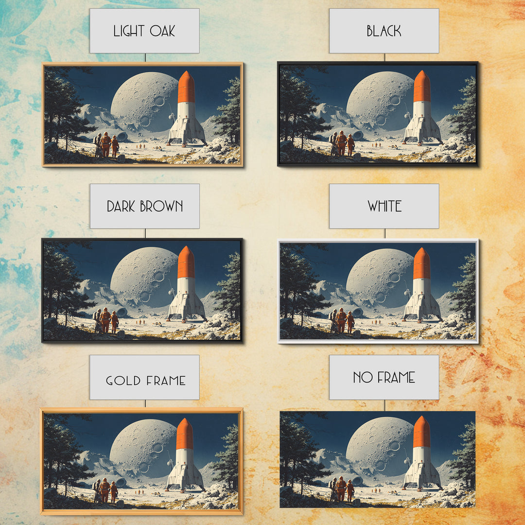 Moon Base Astronauts With Orange Rocket Framed Canvas Print, Retro Space Wall Art, Sci Fi Lunar Landscape Poster Decor Gift