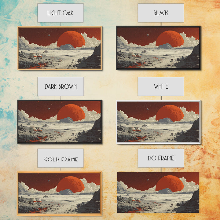 Red Planet Colony With Rovers Canvas Print, Retro Sci Fi Desert Landscape Wall Art, Mars Exploration Poster, Space Decor