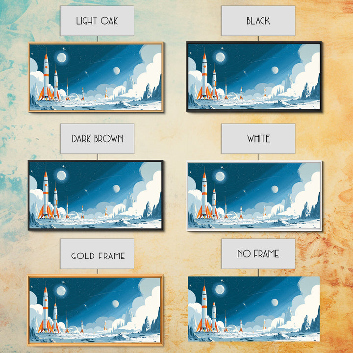 Whimsical Rocket Fleet On Icy Moon Wall Art, Retro Sci Fi Space Poster, Blue Nursery Decor, Midcentury Modern Print Gift