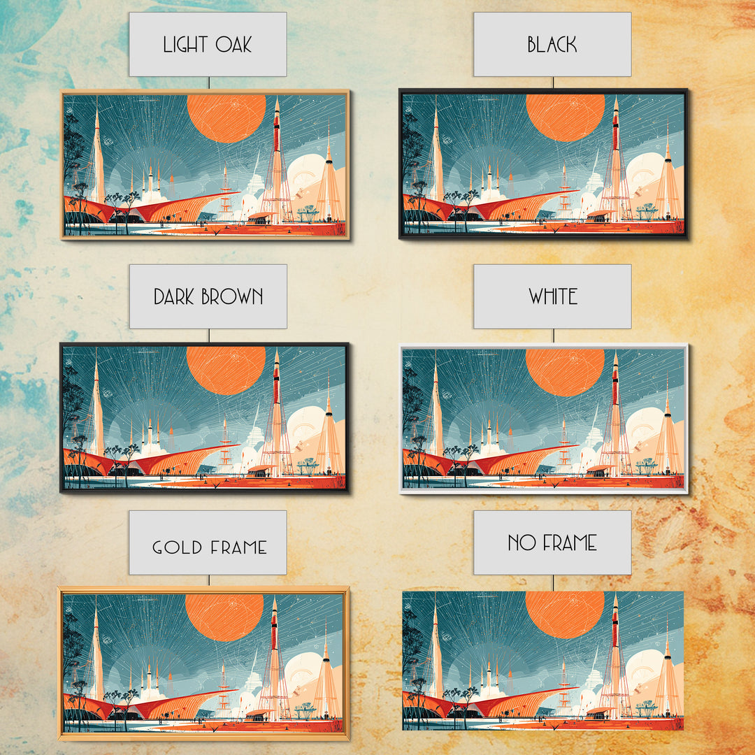 Futuristic Spaceport With Orange Sun Framed Canvas Print, Midcentury Modern Wall Art, Atomic Retro Decor, MCM Poster Gift