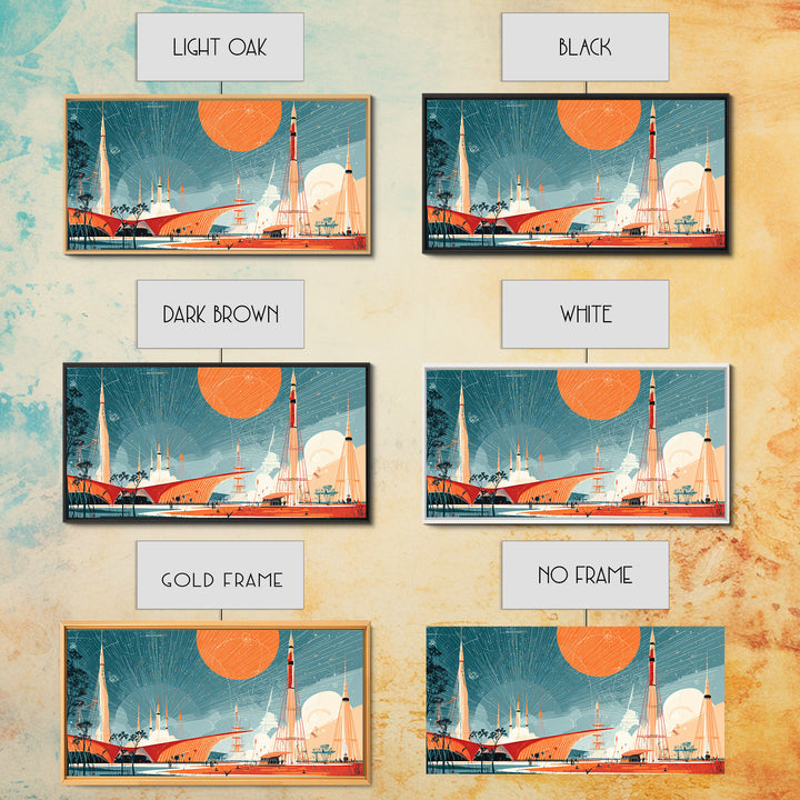 Futuristic Spaceport With Orange Sun Framed Canvas Print, Midcentury Modern Wall Art, Atomic Retro Decor, MCM Poster Gift
