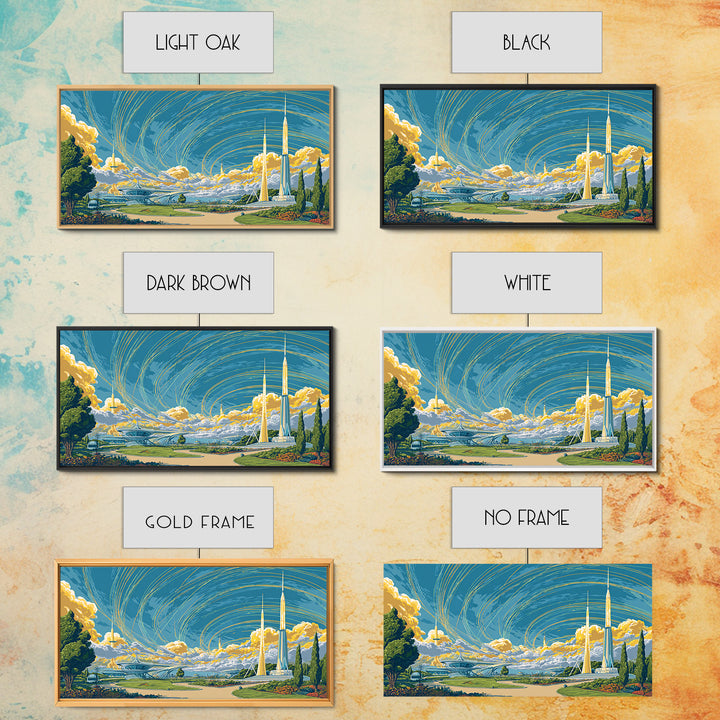Utopian Spaceport Landscape With Golden Clouds Wall Art, Midcentury Modern Canvas Print, Retro Futurist Poster, MCM Decor