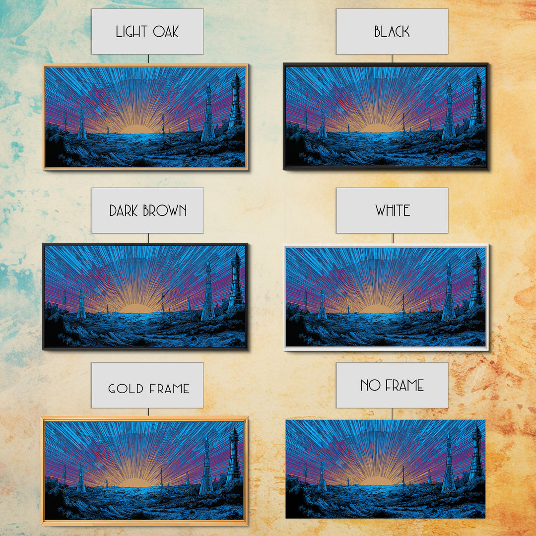 Blue Cosmic Sunrise Over Sci Fi Towers Canvas Print, Midcentury Modern Wall Art, Retro Space Poster, Bold MCM Decor Gift