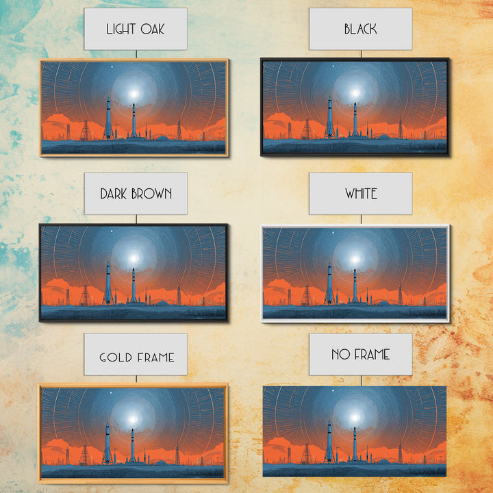 Orange Spaceport Skyline With Radiant Sun Wall Art, Midcentury Modern Canvas Print, Retro Futurist Poster, Industrial MCM Decor
