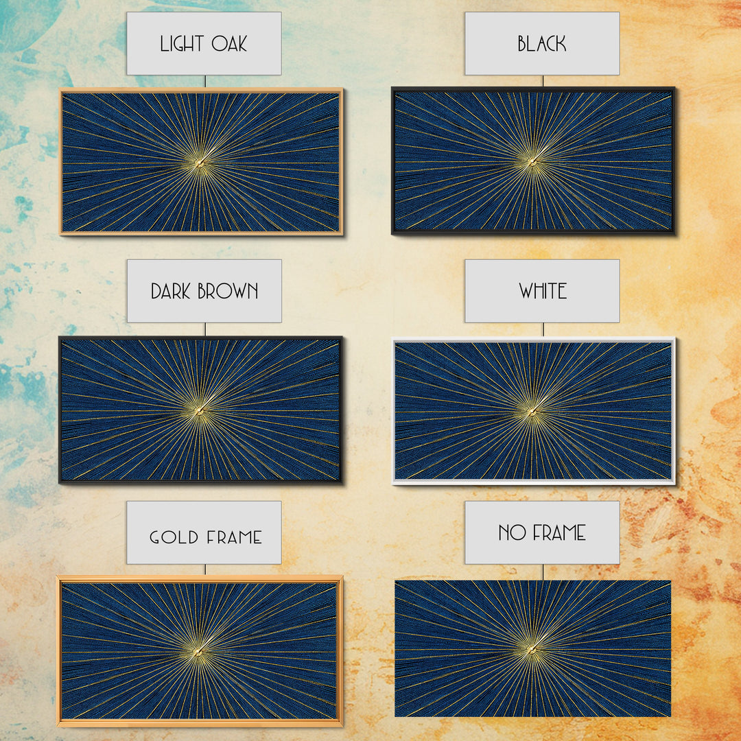 Blue Gold Radiating Op Art Wall Art, Midcentury Modern, Geometric Abstract Print, Atomic Sunburst, Modern Wall Decor, Living Room Art