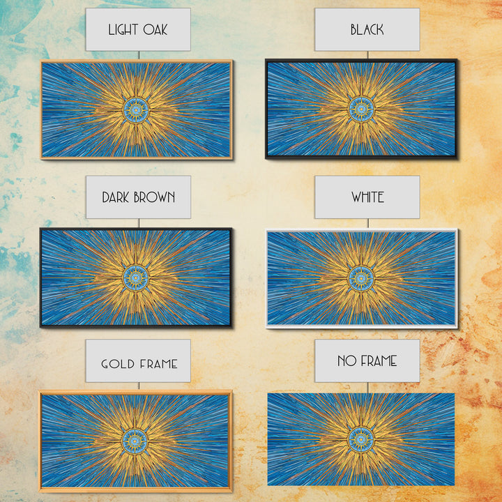 Blue Gold Solar Compass Canvas Print, Mid Century Modern Wall Decor, Atomic Sunburst Poster, Celestial Abstract Art, Office Decor