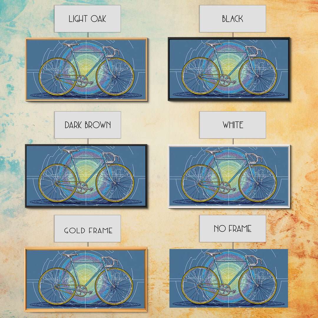 Touring Bicycle With Rainbow Circle Framed Canvas Print, Mid Century Modern Wall Art, Retro Cycling Poster, Blue Office Decor