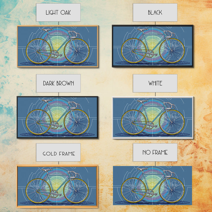 Touring Bicycle With Rainbow Circle Framed Canvas Print, Mid Century Modern Wall Art, Retro Cycling Poster, Blue Office Decor