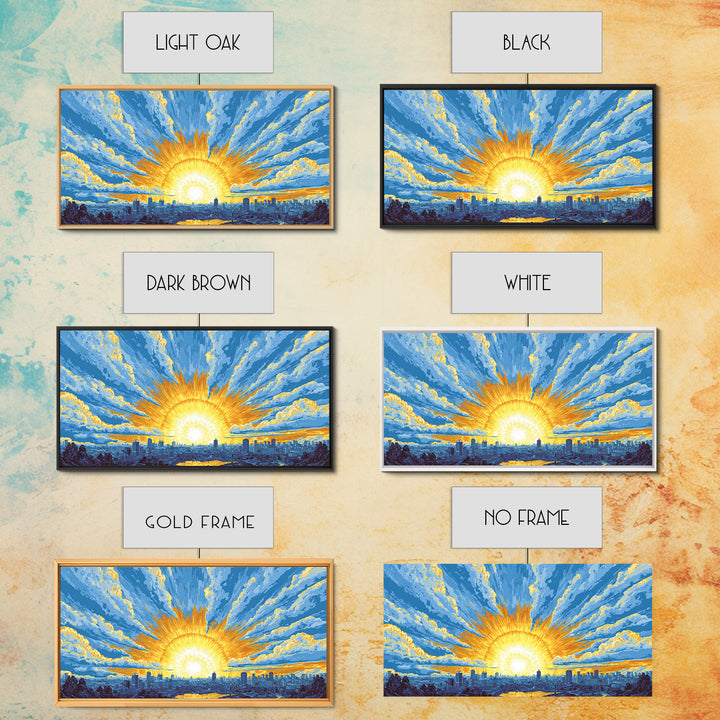 Golden Sunrise City Skyline Wall Art, Blue Sky Urban Landscape Canvas Print, Modern Home Decor, Statement Living Room Art