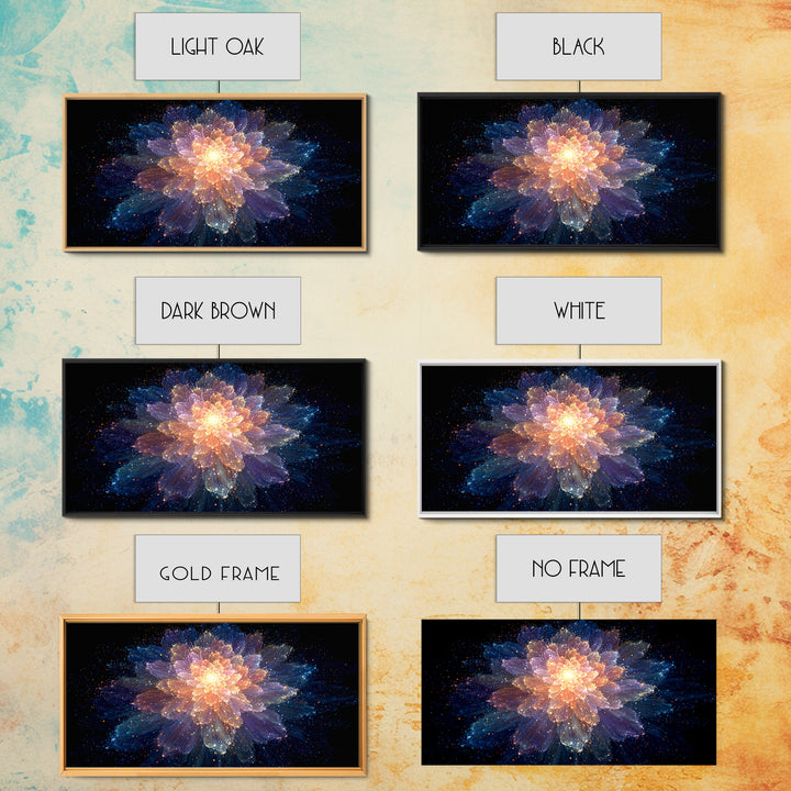 Glowing Cosmic Flower Canvas Print, Blue Orange Abstract Bloom, Spiritual Space Artwork, Modern Wall Art For Bedroom Decor