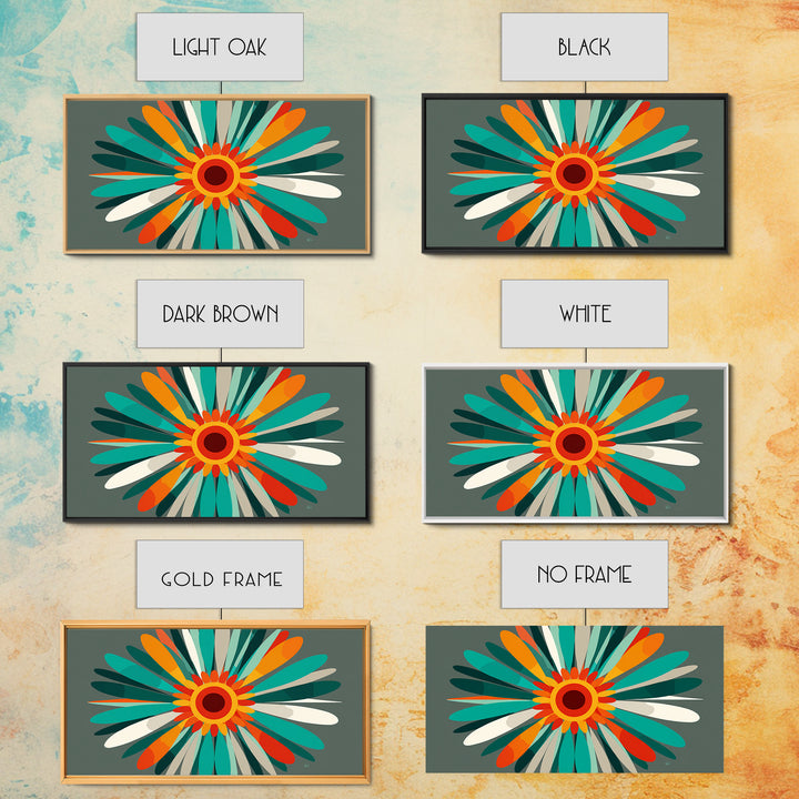 Teal Orange Atomic Flower Wall Art, Mid Century Modern Abstract Burst, Retro Geometric Poster, MCM Home Decor Canvas Print