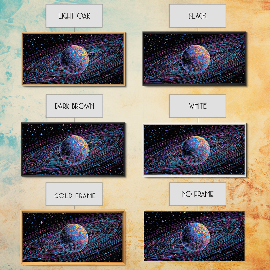 Ringed Planet Space Wall Art, Retro Sci Fi Canvas Print, Cosmic Abstract Art, Modern Digital Art Poster For Bedroom Decor