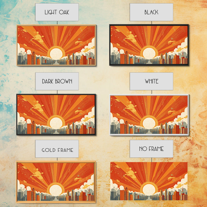Giant Orange Sun Over City Wall Art, Midcentury Modern Skyline Print, Retro Urban Poster, Warm Home Office Decor Canvas Print