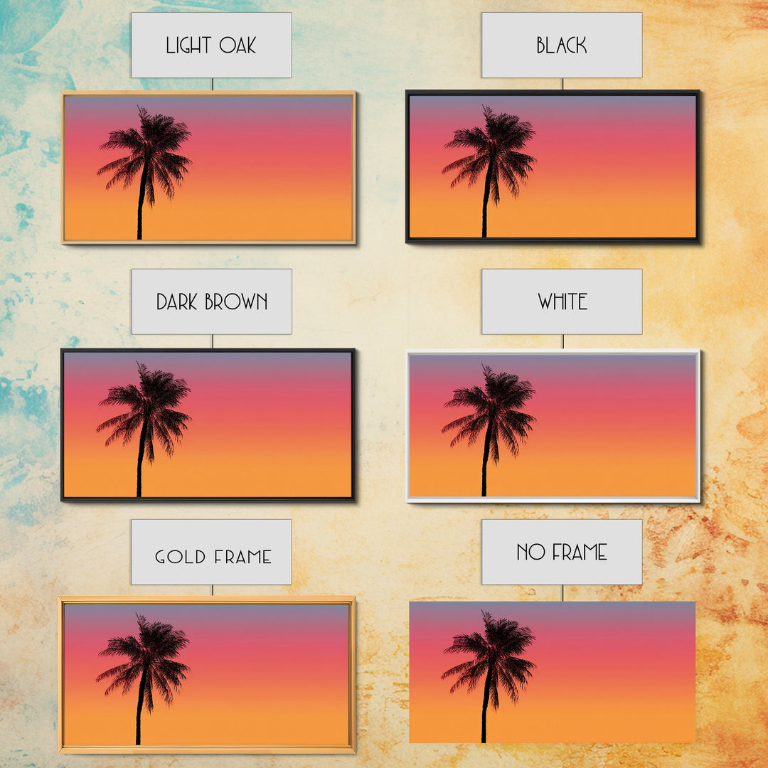 Pink Orange Palm Sunset Wall Art, Tropical Silhouette Landscape, Retro California Poster, Modern Home Decor Canvas Print