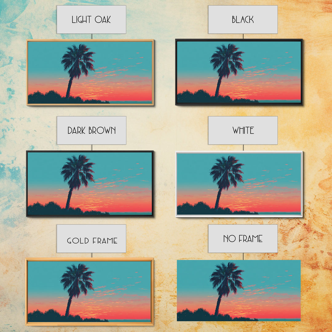 Leaning Palm Coral Sunset Canvas Print, Retro Tropical Landscape, Midcentury Wall Art, Palm Springs Decor, Coastal Poster Print