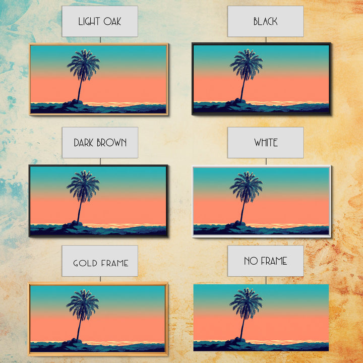 Solitary Palm Ocean Sunset Framed Canvas Print, Retro Tropical Wall Art, Midcentury Modern Decor, Coastal Home Poster Print