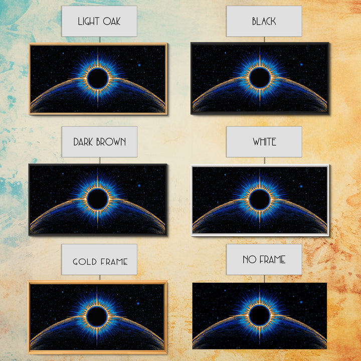 Blue Solar Eclipse Wall Art, Cosmic Retro Sci Fi Print, Black Hole Starfield Poster, Modern Digital Art, Space Decor Print