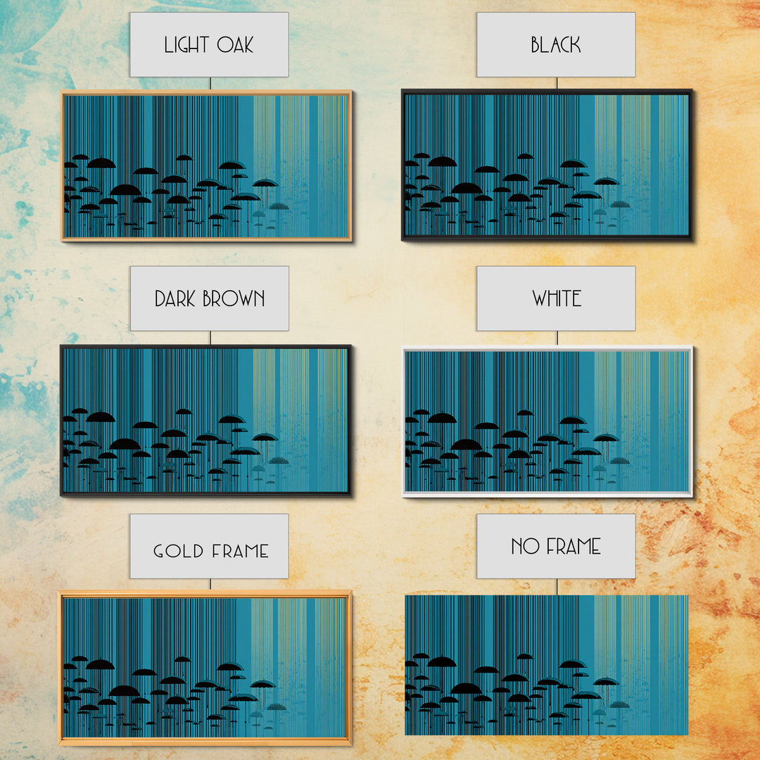 Teal Rain Umbrellas In Vertical Lines Wall Art, Midcentury Modern Abstract Print, Retro Wall Decor, Modern Home Decor For Living Room
