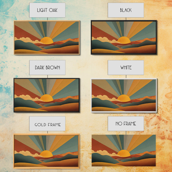Geometric Retro Sunrise Over Rolling Hills Canvas Print, Midcentury Modern Wall Art, Boho Landscape Poster, Earth Tone Decor