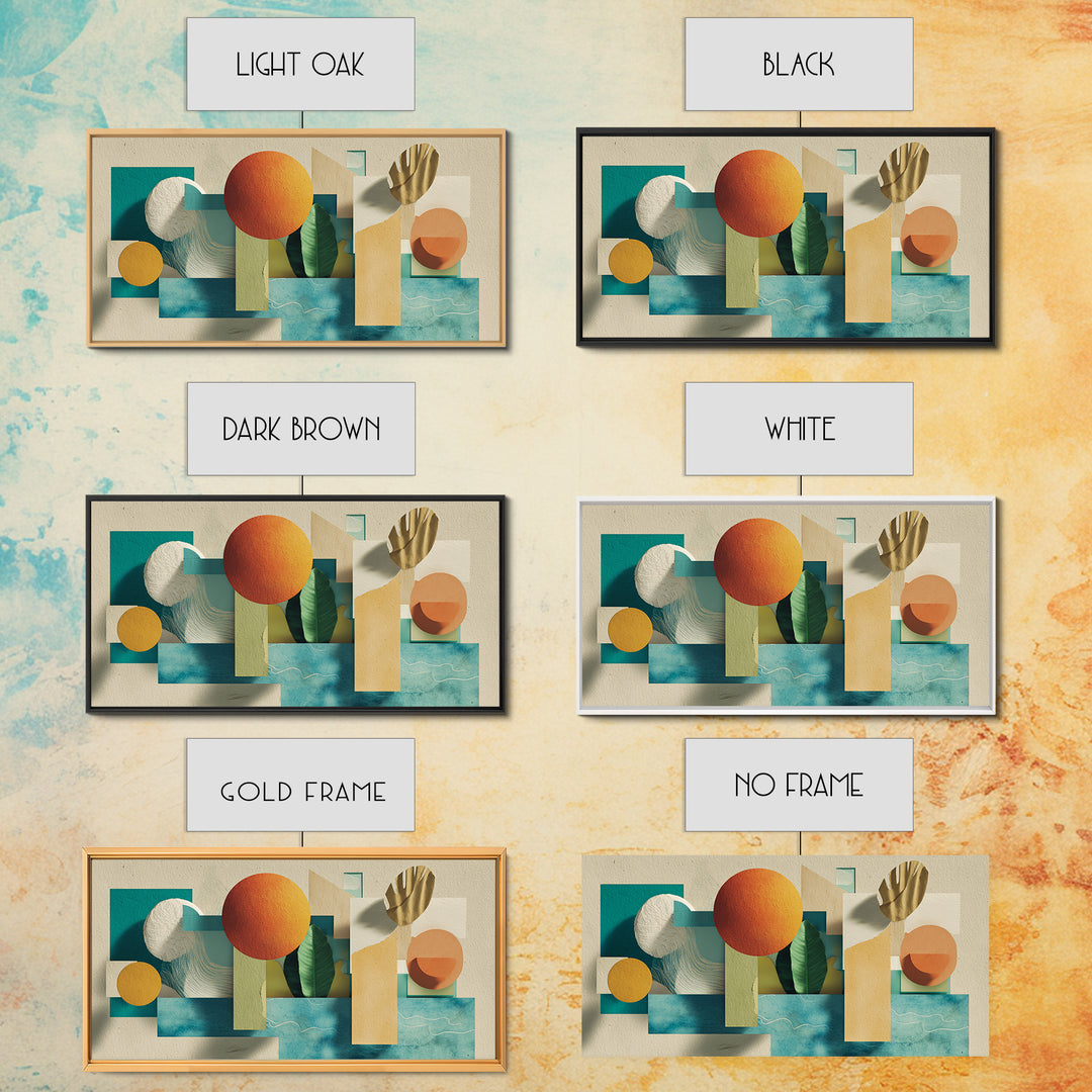 Neutral Teal Orange Geometric Still Life Wall Art, Mid Century Modern Canvas Print, Botanical Shapes, Coastal Home Decor