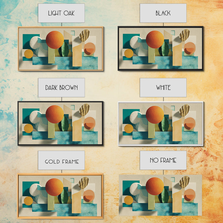 Neutral Teal Orange Geometric Still Life Wall Art, Mid Century Modern Canvas Print, Botanical Shapes, Coastal Home Decor