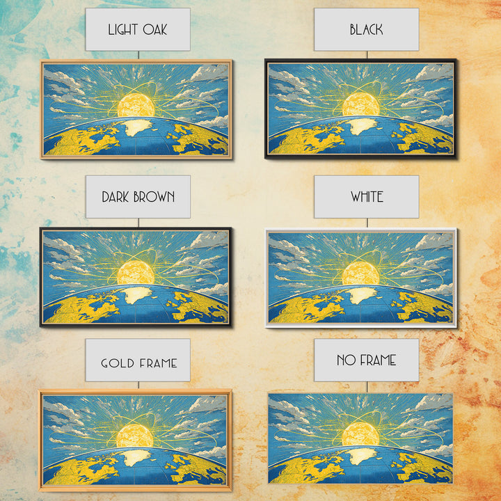 Atomic Earth Sunrise Wall Art, Blue Yellow Retro Science Poster, Mid Century Modern Space Decor, Celestial Canvas Print Gift