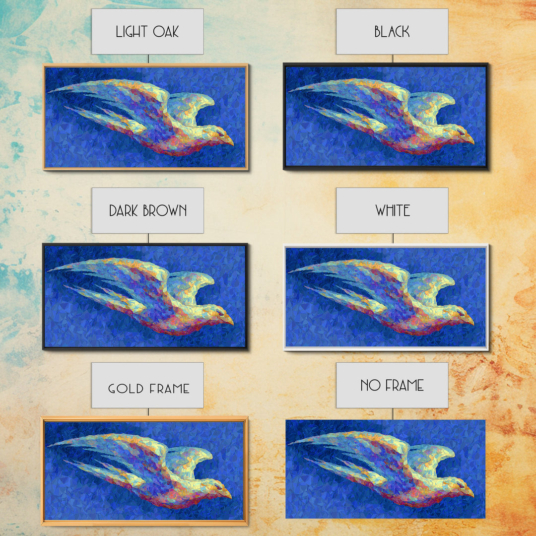 Blue Mosaic Bird In Flight Framed Canvas Print, Modern Abstract Wildlife Art, Colorful Nature Decor, Bold Living Room Wall Art