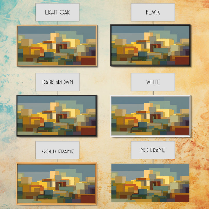 Abstract City Blocks In Muted Teal And Ochre Wall Art, Mid Century Modern Print, Geometric Home Decor, Living Room Artwork
