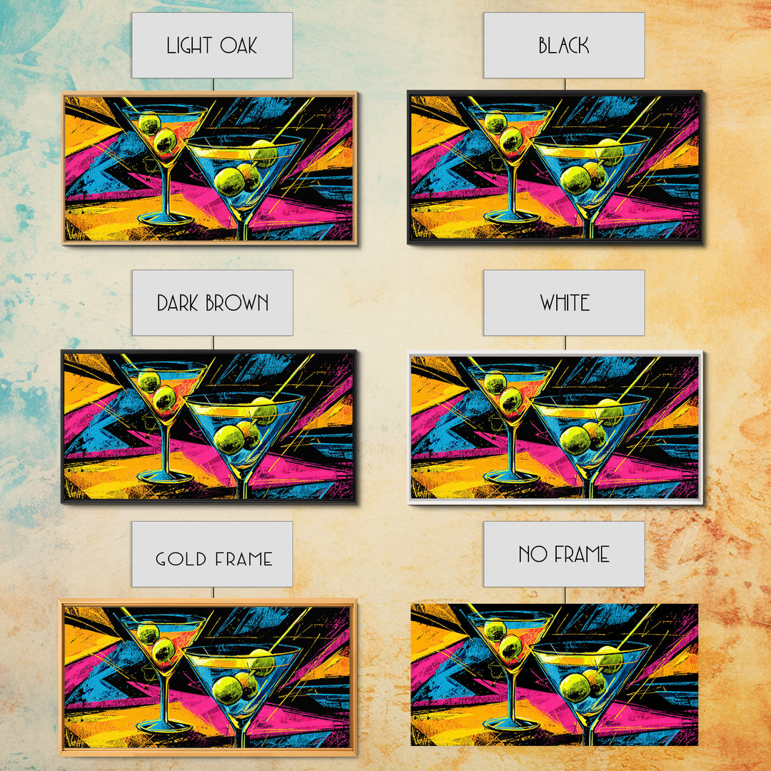 Neon Martini Glasses With Olives Canvas Print, Retro Bar Art, Vibrant Cocktail Poster, Funky Wall Decor For Kitchen Lounge