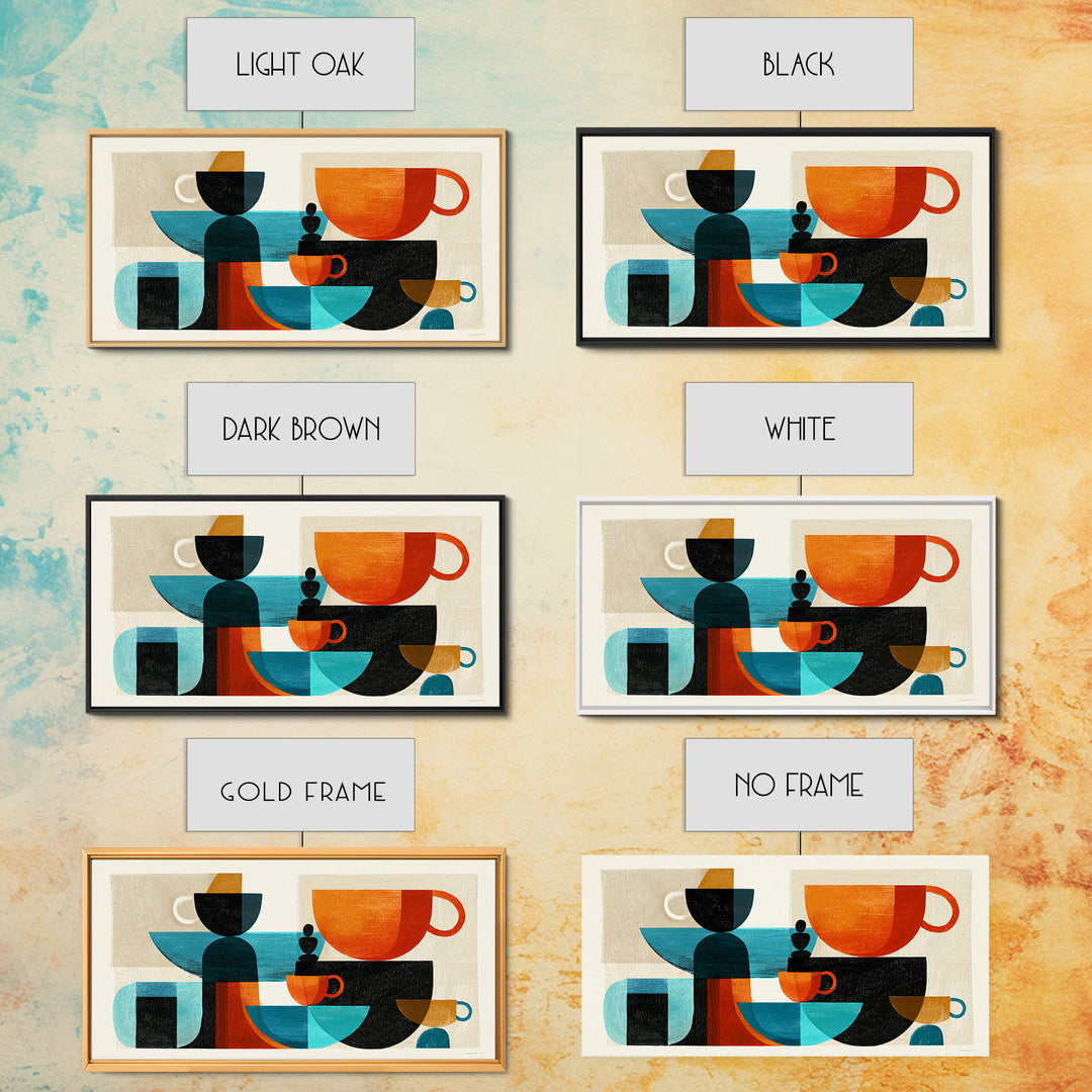 Geometric Coffee Cups Still Life Canvas Print, Midcentury Modern Kitchen Decor, Retro Cafe Wall Art, Teal Orange MCM Poster