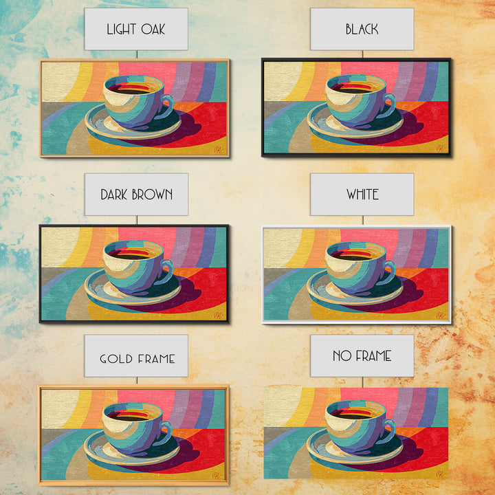 Rainbow Coffee Cup And Saucer Canvas Print, Retro Kitchen Wall Art, Colorful Midcentury Poster, Bright Cafe Home Decor Print