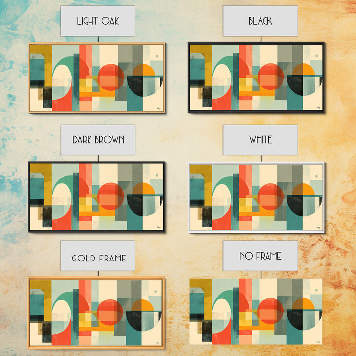 Retro Geometric Shapes Wall Art, Midcentury Modern Canvas Print, Abstract Circles Arches, Teal Orange Mustard Home Decor