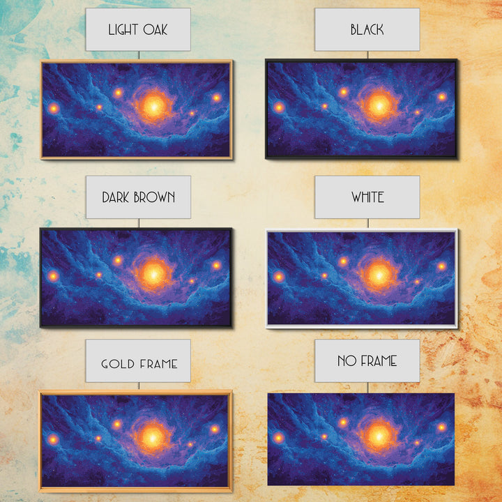 Glowing Blue Galaxy Nebula With Orange Stars Wall Art, Modern Abstract Art Print, Cosmic Retro Poster, Living Room Decor