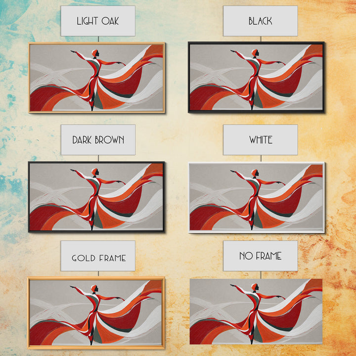Flowing Red Orange Dancer With Ribbon Framed Canvas Print, Modern Wall Art, Abstract Painting, Statement Living Room Decor