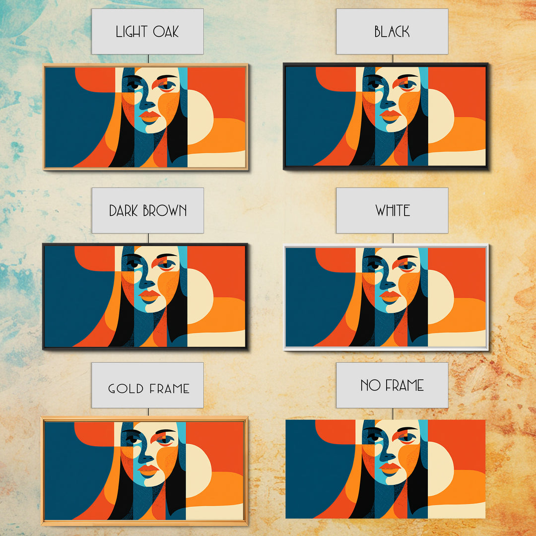 Geometric Woman Face Canvas Print, Midcentury Modern Abstract Art, Orange Teal Wall Decor, Retro MCM Home Decor Poster Gift