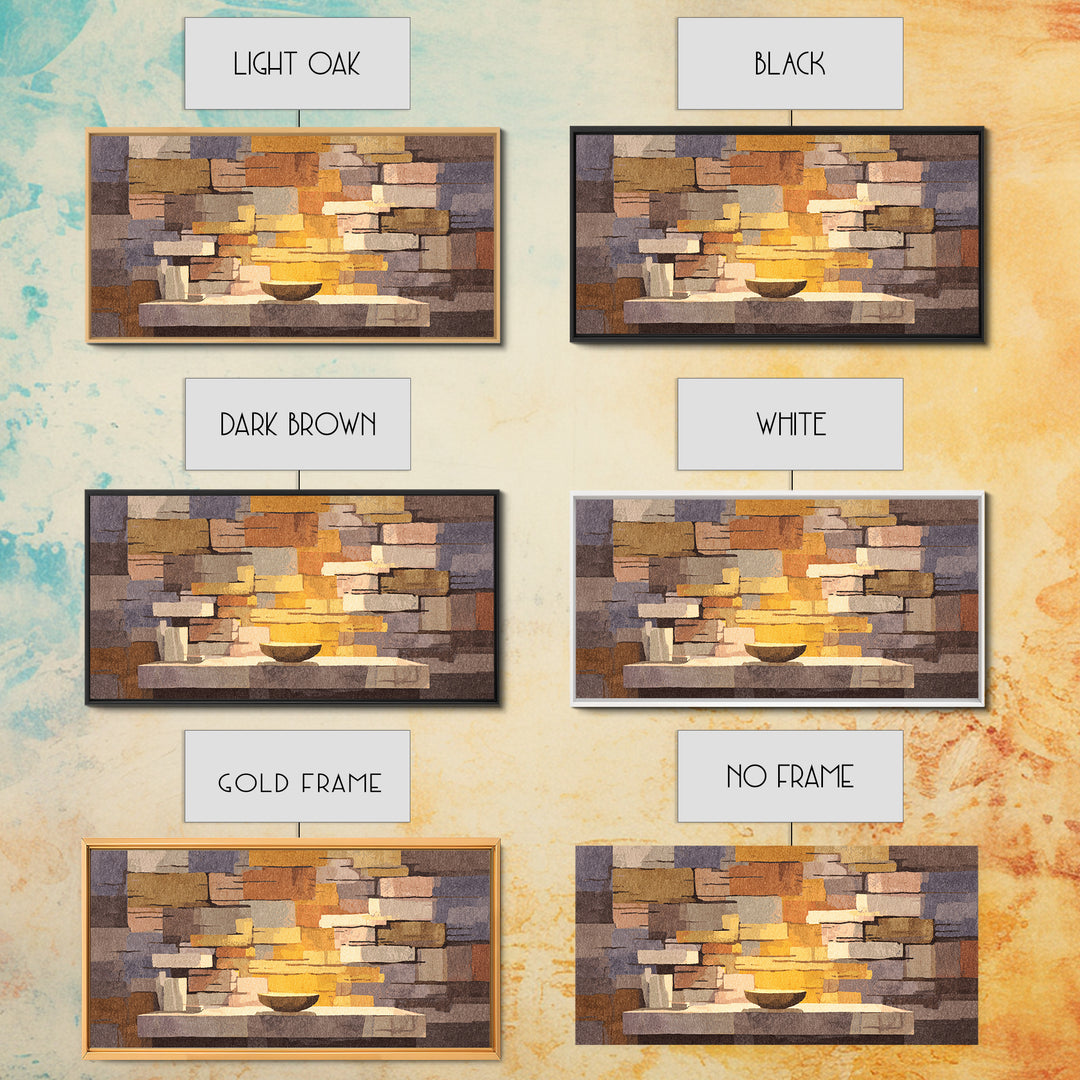 Abstract Stone Fireplace Wall Art, Midcentury Modern Home Decor, Warm Geometric Canvas Print, Cozy Living Room Artwork Poster
