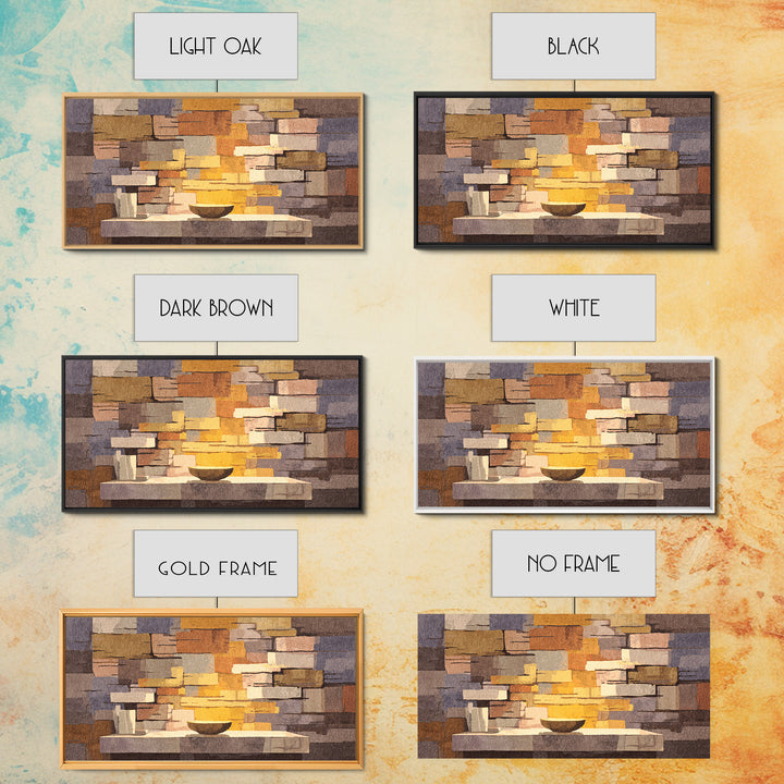 Abstract Stone Fireplace Wall Art, Midcentury Modern Home Decor, Warm Geometric Canvas Print, Cozy Living Room Artwork Poster