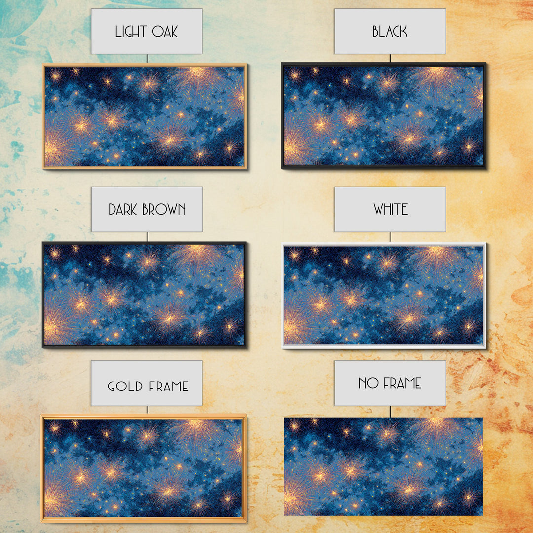 Blue Cloudy Fireworks Night Sky Canvas Print, Celestial Space Wall Art, Gold Stars Modern Decor For Bedroom Or Office Decor
