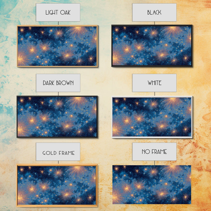 Blue Cloudy Fireworks Night Sky Canvas Print, Celestial Space Wall Art, Gold Stars Modern Decor For Bedroom Or Office Decor