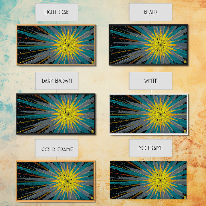 Yellow Teal Cosmic Starburst Canvas Print, Midcentury Modern Space Abstract Wall Art, Atomic Retro MCM Home Decor For Office Decor