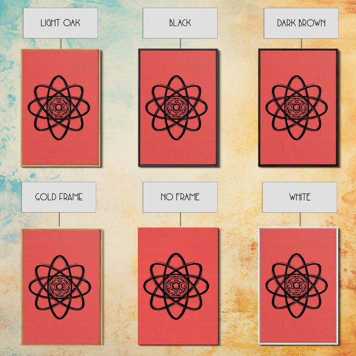 Black Atomic Symbol On Red Canvas Print, Midcentury Modern Wall Art, Retro Science Poster, Geometric MCM Home Decor, Atomic Art Print