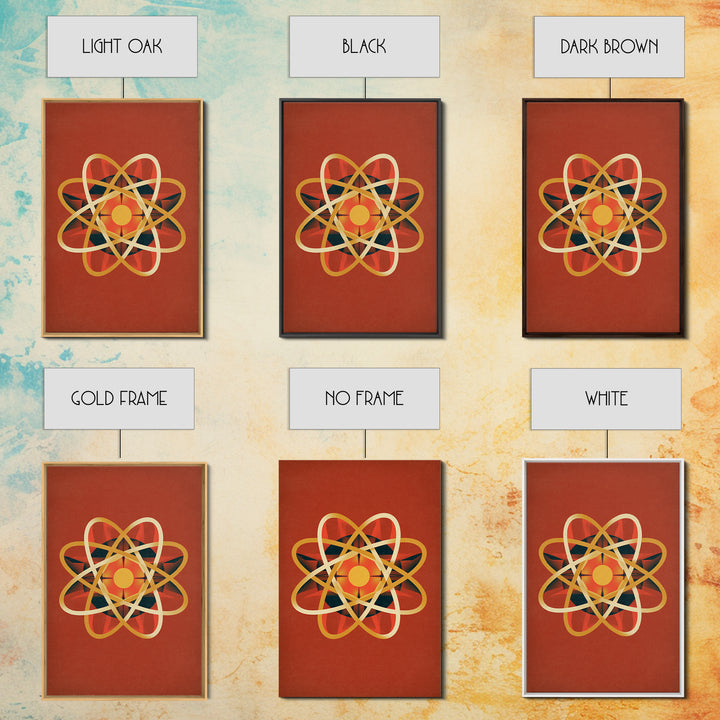Glowing Golden Atomic Symbol Canvas Print, Midcentury Modern Wall Art, Retro Science Decor, Orange Geometric Abstract Poster