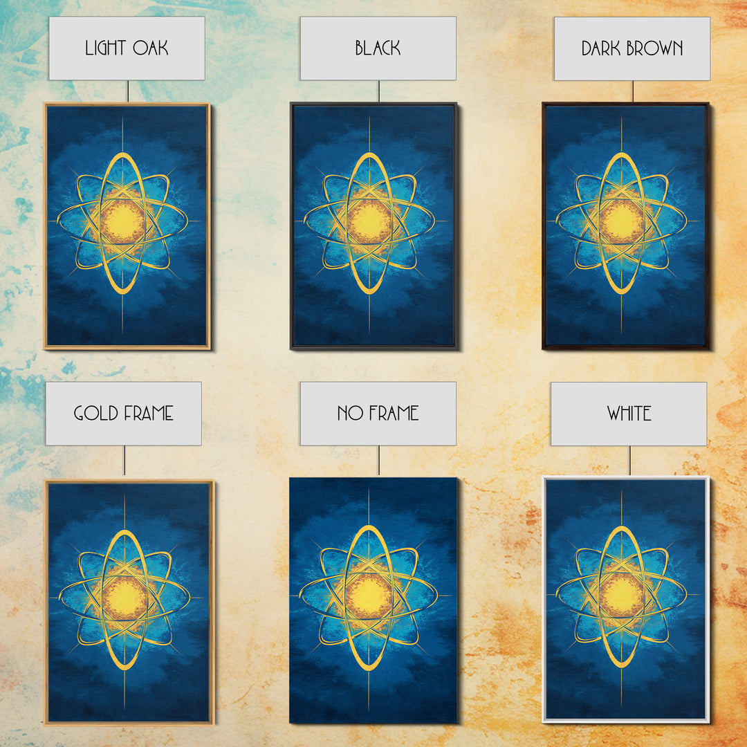 Glowing Yellow Atom On Blue Framed Canvas Print, Midcentury Modern Wall Art, Retro Science Poster, Geometric Space Decor