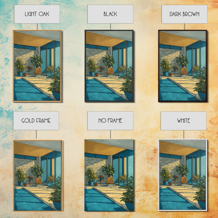 Sunlit Mid Century Patio Pool Framed Canvas Print, Modern Architecture Wall Art, Palm Springs Decor, MCM Home Office Decor