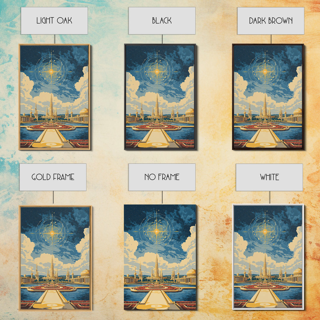 Golden Celestial Palace And Star Map Wall Art, Mid Century Modern Sci Fi Poster, Futuristic City Decor, Cosmic Canvas Print