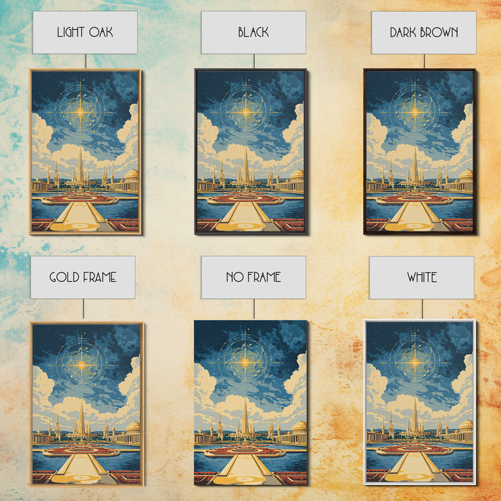 Golden Celestial Palace And Star Map Wall Art, Mid Century Modern Sci Fi Poster, Futuristic City Decor, Cosmic Canvas Print