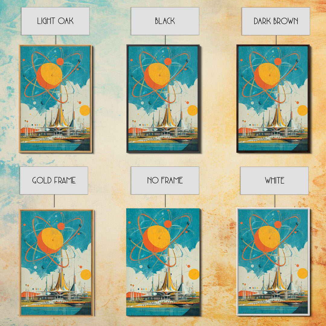 Giant Atomic Sun Over Futuristic City Wall Art, Mid Century Modern Canvas Print, Retro Space Age Poster, Turquoise Decor
