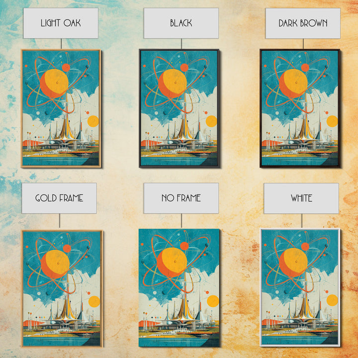 Giant Atomic Sun Over Futuristic City Wall Art, Mid Century Modern Canvas Print, Retro Space Age Poster, Turquoise Decor